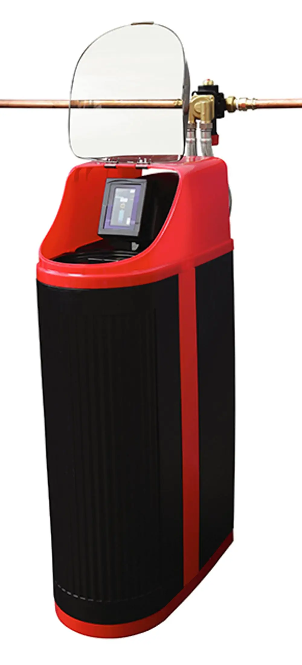Syr Einzelenthärtungsanlage mit Display und durchsichtiger Abdeckung. Das Gerät hat eine rote und schwarze Gehäusefarbe und ist für die Wasserenthärtung konzipiert.